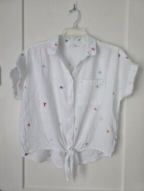 Beachlunchlounge Seashell White Short-Sleeve Tie-Front Embroidered Cotton Top M